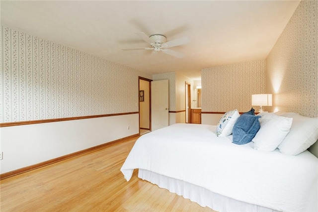 326 Cheese Factory Rd, Mendon, NY 14472 - bedroom featuring wallpapered walls, wood finished floors, and a ceiling fan