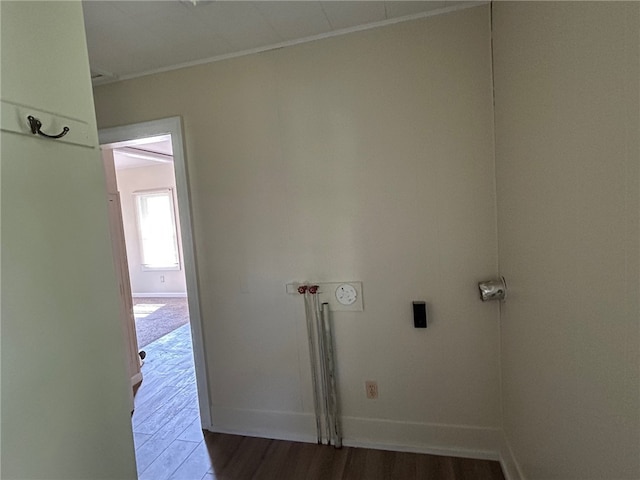 472 Seneca Rd, Irondequoit, NY 14622 - laundry room featuring wood finished floors and crown molding