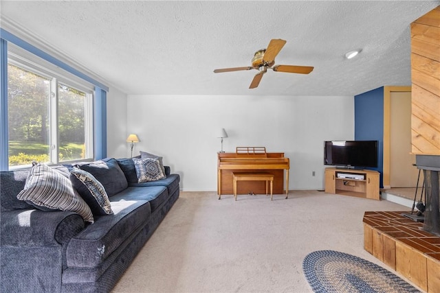 1521 Aster Ter, Walworth, NY 14568 - living area featuring carpet floors, ceiling fan, a textured ceiling, and a wood stove