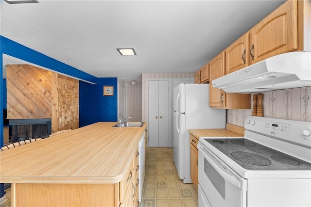 1521 Aster Ter, Walworth, NY 14568 - kitchen featuring white range with electric stovetop, under cabinet range hood, light countertops, light flooring, and a center island with sink