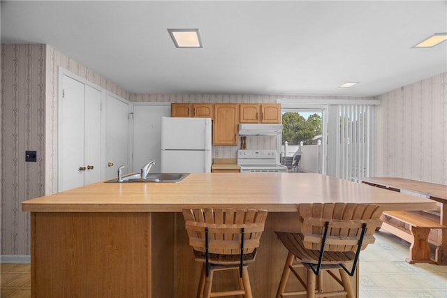 1521 Aster Ter, Walworth, NY 14568 - kitchen with freestanding refrigerator, wallpapered walls, electric range oven, under cabinet range hood, and a breakfast bar area