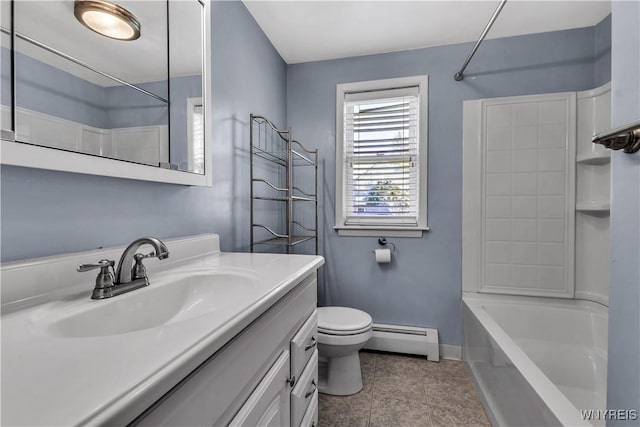 566 Adam St, Tonawanda, NY 14150 - bathroom with a baseboard radiator, vanity,  shower combination, and tile patterned flooring