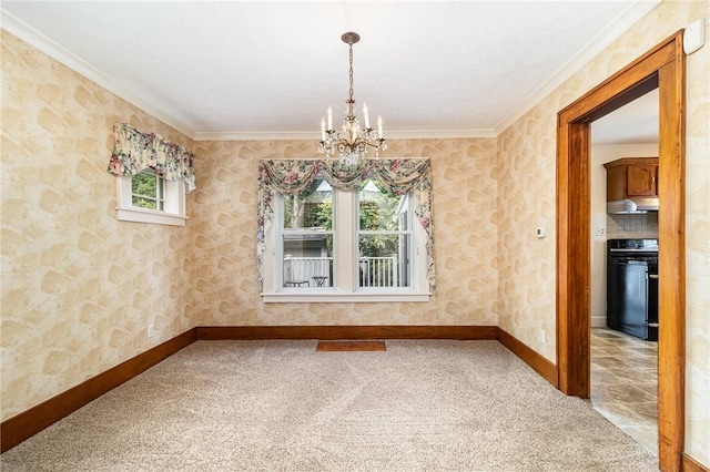 23 Hathaway Rd, Irondequoit, NY 14617 - unfurnished dining area with crown molding, a chandelier, and carpet flooring