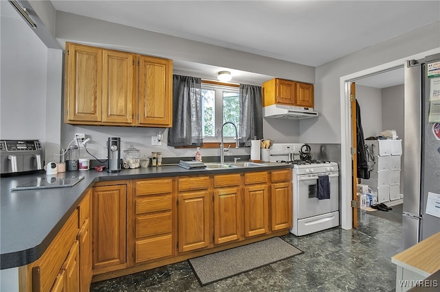 3029 Stieg Rd, Wheatfield, NY 14120 - kitchen featuring white range with gas cooktop, under cabinet range hood, dark countertops, and brown cabinetry