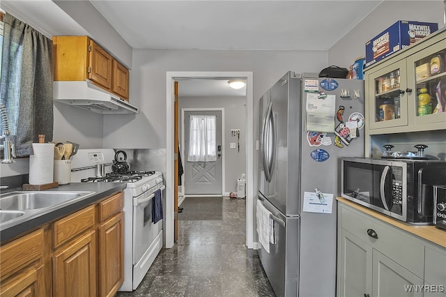 3029 Stieg Rd, Wheatfield, NY 14120 - kitchen featuring appliances with stainless steel finishes, under cabinet range hood, brown cabinets, and dark countertops