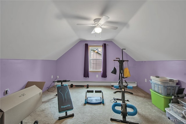 3029 Stieg Rd, Wheatfield, NY 14120 - exercise room with a ceiling fan, carpet floors, lofted ceiling, and baseboard heating