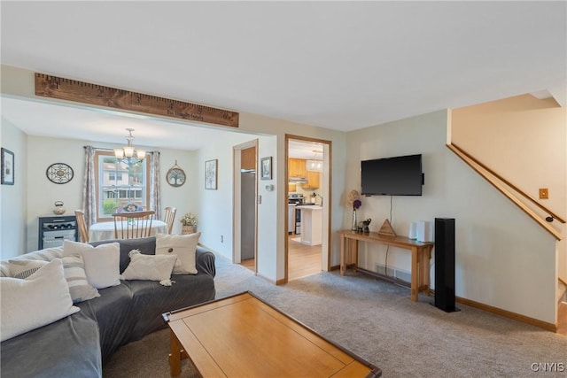 22 Tree Line Dr, Clay, NY 13090 - carpeted living room featuring a chandelier and baseboards