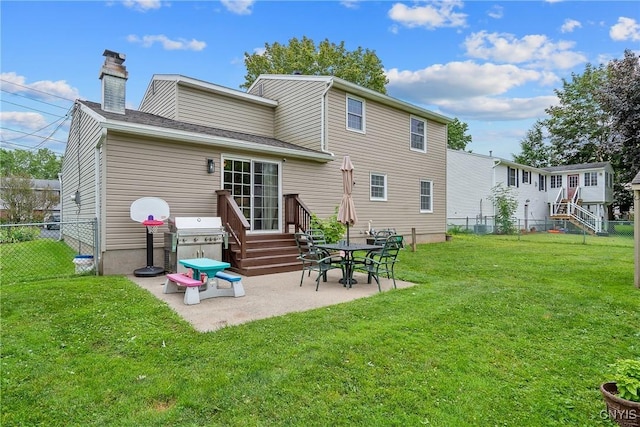 22 Tree Line Dr, Clay, NY 13090 - back of property featuring a chimney, a fenced backyard, a patio area, and entry steps