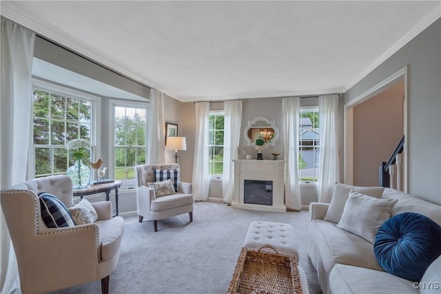 9607 Dunderry, Lysander, NY 13027 - carpeted living room featuring crown molding and a glass covered fireplace