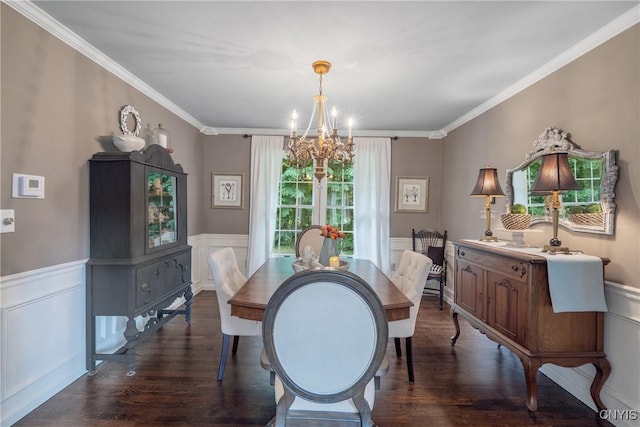 9607 Dunderry, Lysander, NY 13027 - dining space featuring a chandelier, dark wood-style flooring, wainscoting, ornamental molding, and a decorative wall
