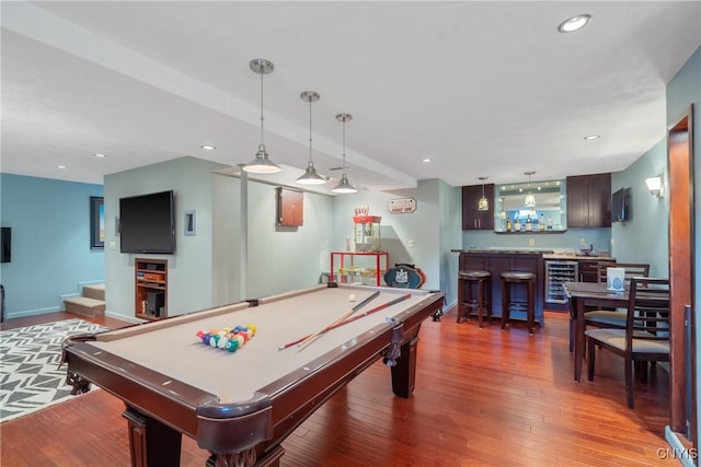 9607 Dunderry, Lysander, NY 13027 - game room with bar with sink, billiards table, wine cooler, recessed lighting, and hardwood / wood-style floors