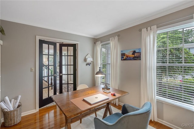 9607 Dunderry, Lysander, NY 13027 - office area with french doors, wood finished floors, and ornamental molding