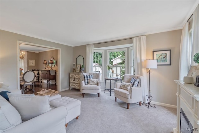 9607 Dunderry, Lysander, NY 13027 - living room featuring light colored carpet, a chandelier, and ornamental molding