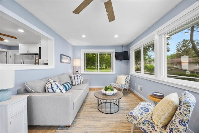 4969 Walnut Cove Dr, Canandaigua Town, NY 14424 - living room featuring ceiling fan, light wood-type flooring, and recessed lighting