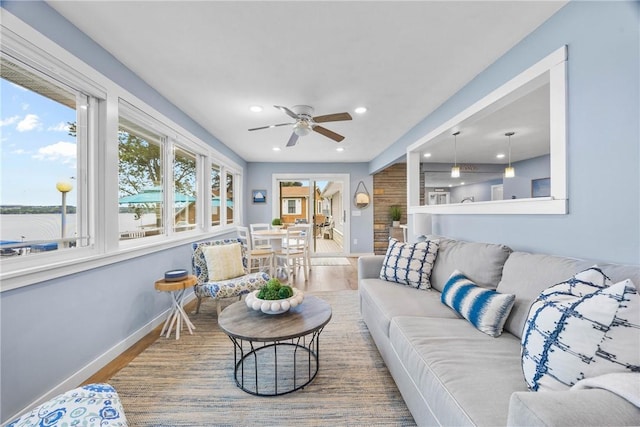 4969 Walnut Cove Dr, Canandaigua Town, NY 14424 - living area with a ceiling fan, wood finished floors, and recessed lighting