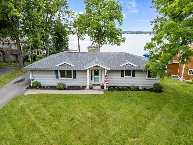 4969 Walnut Cove Dr, Canandaigua Town, NY 14424 - view of front of property featuring a water view, a front lawn, a chimney, and roof with shingles
