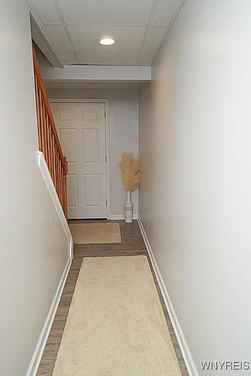 114 Slate Bottom Dr, Lancaster, NY 14043 - doorway to outside featuring dark wood-style flooring, stairway, and recessed lighting