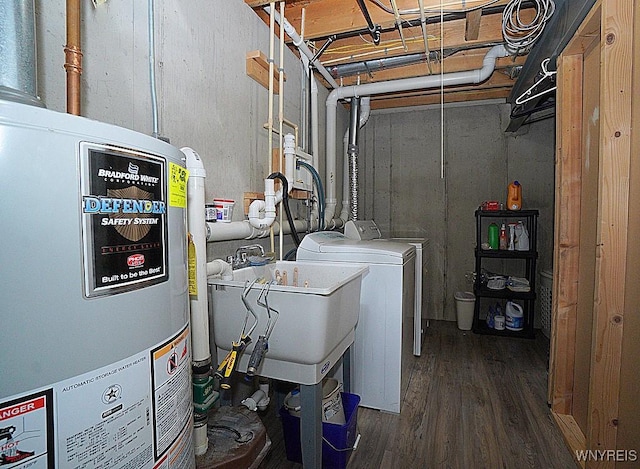 114 Slate Bottom Dr, Lancaster, NY 14043 - washroom with water heater, wood finished floors, and independent washer and dryer