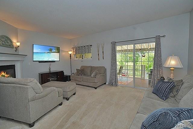 114 Slate Bottom Dr, Lancaster, NY 14043 - carpeted living area featuring a glass covered fireplace