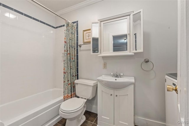 17 Burr St, Cazenovia, NY 13035 - bathroom featuring vanity, crown molding, shower / bathtub combination with curtain, and washer / clothes dryer