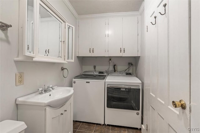 17 Burr St, Cazenovia, NY 13035 - laundry room featuring cabinet space, washer and dryer, and ornamental molding
