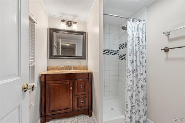 17 Burr St, Cazenovia, NY 13035 - bathroom with vanity, a tile shower, and ornamental molding