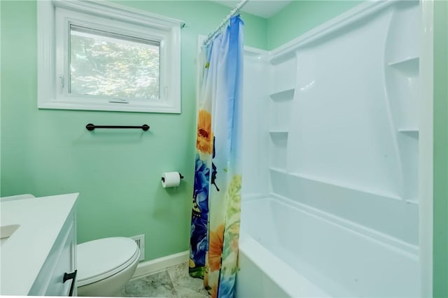 28 Berna Ln, Chili, NY 14624 - full bathroom featuring vanity, marble finish floors, and shower / bath combo with shower curtain