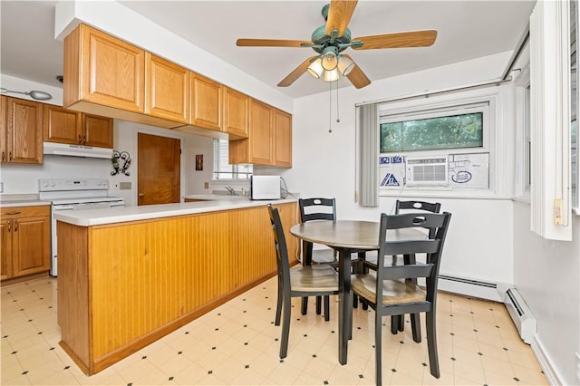 1732 Buffalo Rd, Gates, NY 14624 - kitchen featuring white electric range, under cabinet range hood, light floors, a ceiling fan, and light countertops
