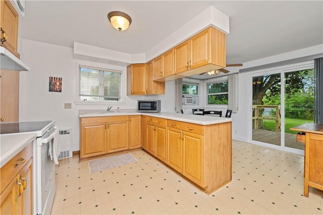 1732 Buffalo Rd, Gates, NY 14624 - kitchen featuring stainless steel microwave, electric range, light floors, a peninsula, and plenty of natural light