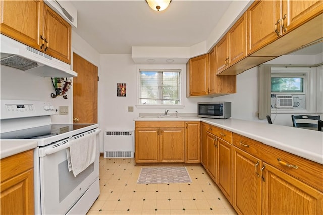 1732 Buffalo Rd, Gates, NY 14624 - kitchen with electric stove, stainless steel microwave, under cabinet range hood, radiator, and light floors