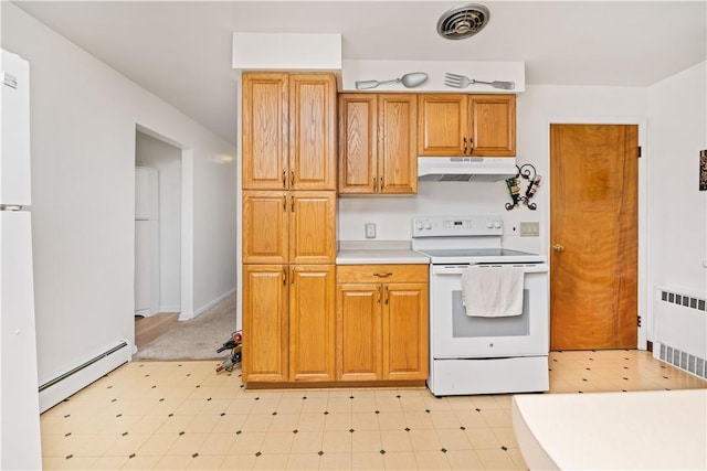 1732 Buffalo Rd, Gates, NY 14624 - kitchen featuring white appliances, under cabinet range hood, radiator, a baseboard radiator, and light flooring