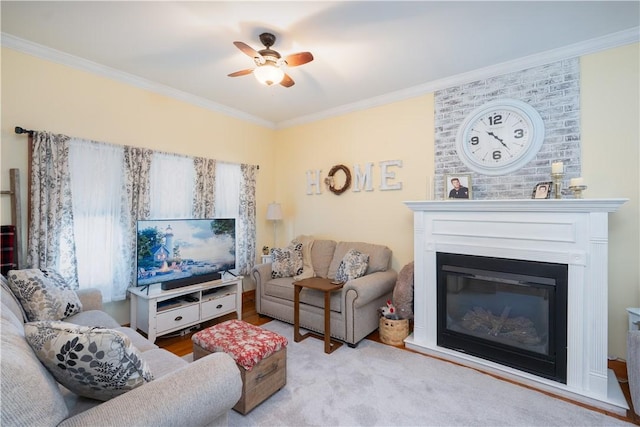 157 Dennis Ave, Hornell, NY 14843 - living room featuring crown molding, a ceiling fan, and a glass covered fireplace