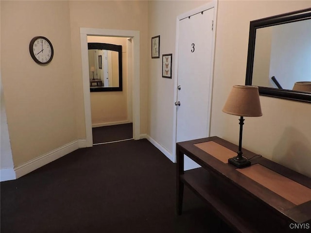 116 E Heman St, Dewitt, NY 13057 - hall featuring dark colored carpet and baseboards