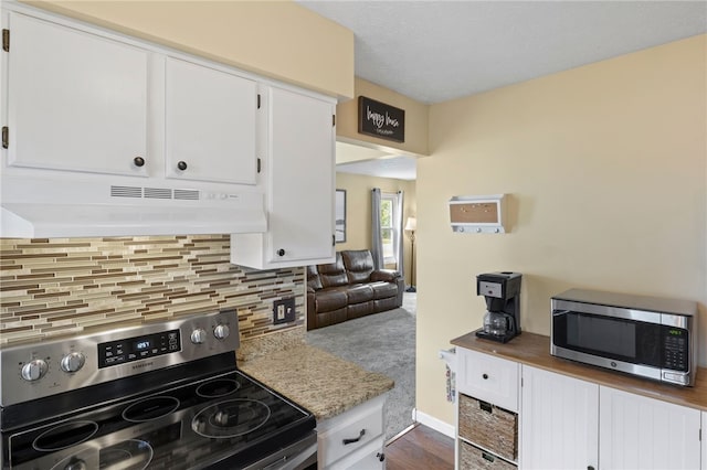 111 Farrell Road Ext, Henrietta, NY 14586 - kitchen featuring stainless steel appliances, under cabinet range hood, decorative backsplash, white cabinets, and dark wood-style flooring