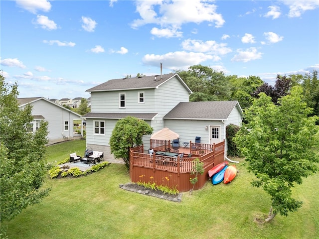 111 Farrell Road Ext, Henrietta, NY 14586 - rear view of house featuring a deck, a lawn, a patio, and a shingled roof