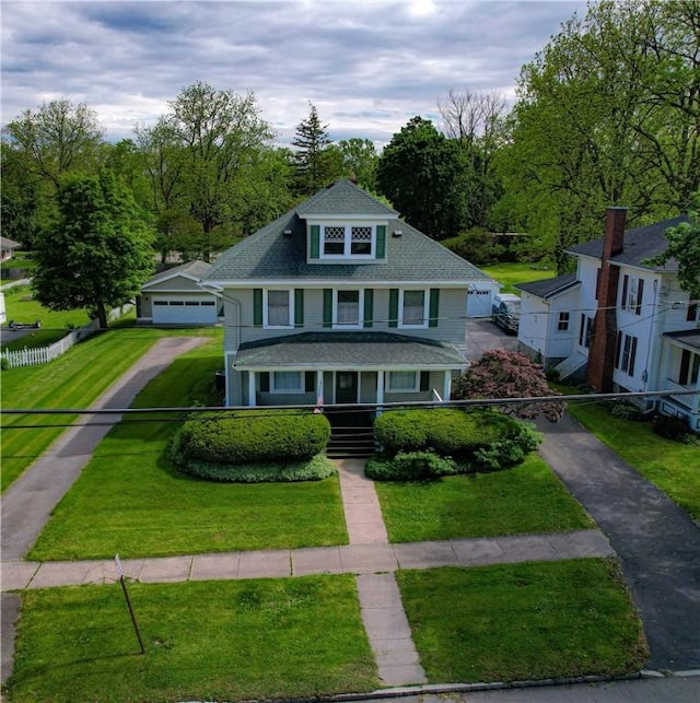 80 E Main St, Leroy, NY 14482 - traditional style home with a porch, dirt driveway, a front lawn, a garage, and roof with shingles