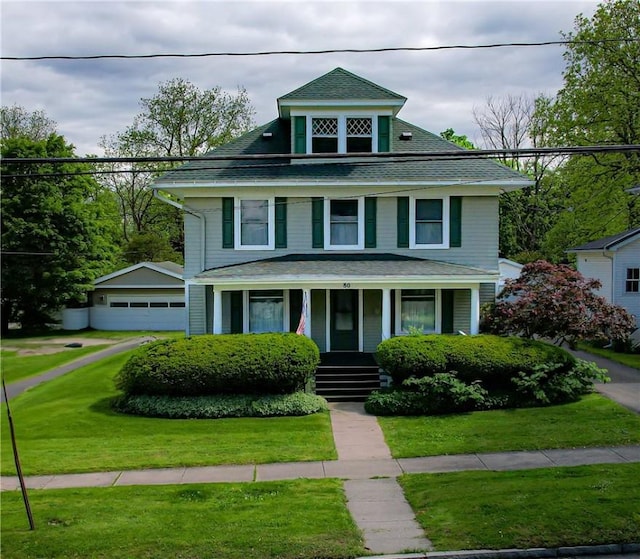 80 E Main St, Leroy, NY 14482 - traditional style home with a porch, a garage, a front yard, and a shingled roof