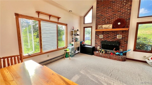 7320 E Flats Rd, East Otto, NY 14729 - carpeted living room with a baseboard heating unit, a fireplace, and high vaulted ceiling