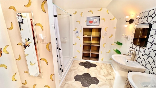 7320 E Flats Rd, East Otto, NY 14729 - full bathroom featuring lofted ceiling, tile patterned floors, and curtained shower
