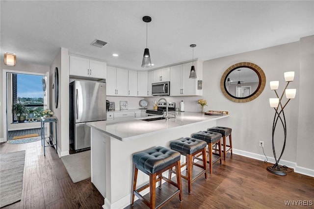 803 Admirals Walk Unit 803, Buffalo, NY 14202 - kitchen featuring stainless steel appliances, a peninsula, dark wood-type flooring, a kitchen bar, and light countertops
