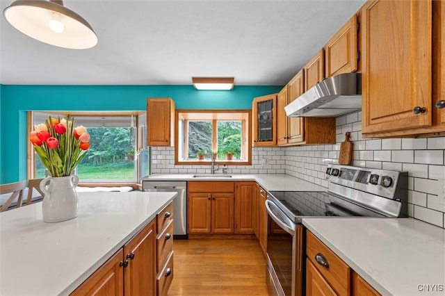 124 Morgan Ln, Oneida, NY 13421 - kitchen featuring stainless steel appliances, under cabinet range hood, light countertops, and light wood-style flooring