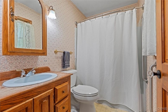 124 Morgan Ln, Oneida, NY 13421 - bathroom with wallpapered walls, vanity, and shower / bath combo with shower curtain