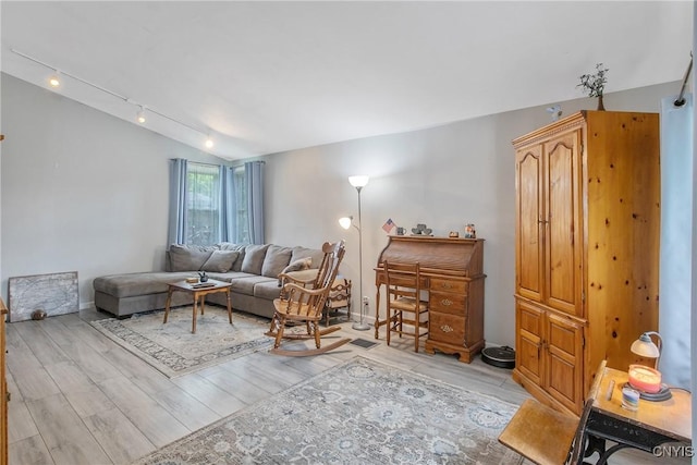 217 Melrose Ave, Camillus, NY 13219 - living room featuring rail lighting, light wood-style floors, and vaulted ceiling
