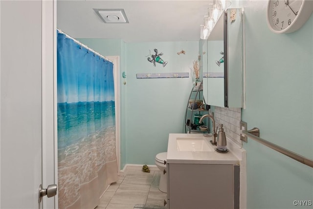 217 Melrose Ave, Camillus, NY 13219 - full bathroom with vanity, tasteful backsplash, a shower with shower curtain, and tile patterned floors