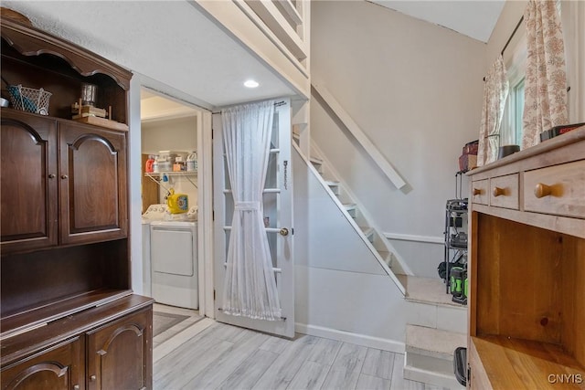 217 Melrose Ave, Camillus, NY 13219 - foyer entrance featuring stairs, washing machine and clothes dryer, light wood-type flooring, and recessed lighting