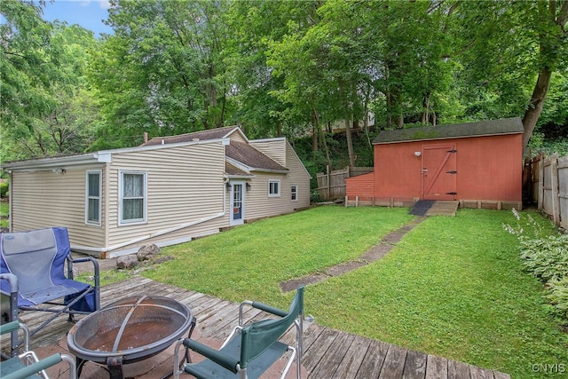 217 Melrose Ave, Camillus, NY 13219 - fenced backyard with a fire pit, a deck, and a storage shed
