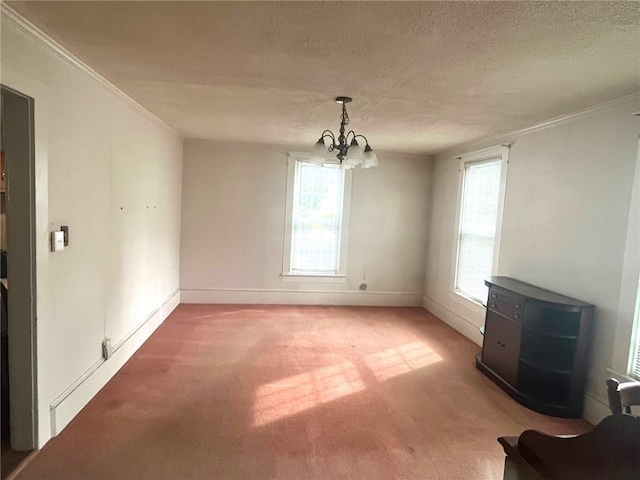 73 Platt St, Hornell, NY 14843 - unfurnished dining area with a chandelier, crown molding, light carpet, and a textured ceiling