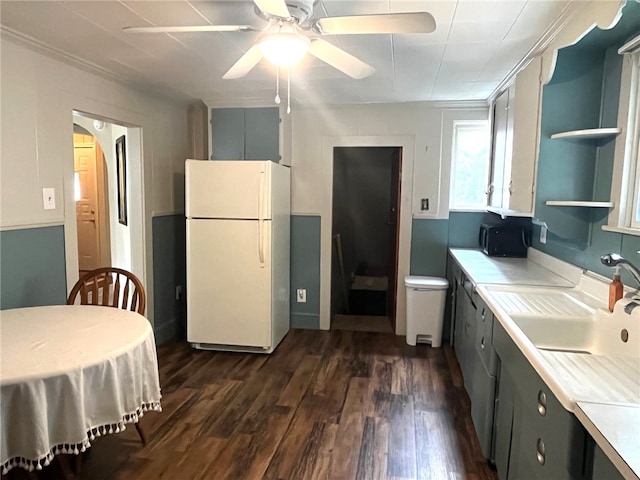 73 Platt St, Hornell, NY 14843 - kitchen with freestanding refrigerator, ceiling fan, dark wood-type flooring, light countertops, and open shelves
