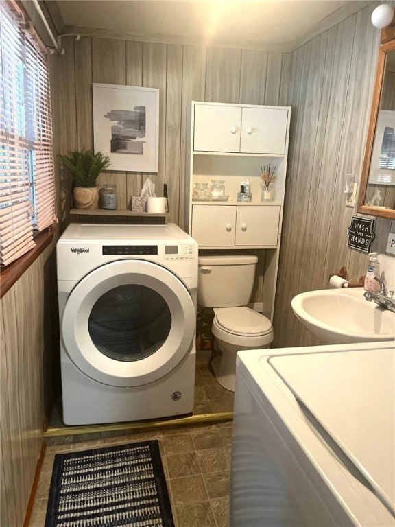 73 Platt St, Hornell, NY 14843 - bathroom with washer / dryer and wooden walls