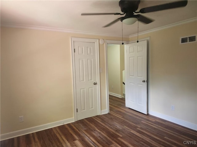 127 Austin Ave, Syracuse, NY 13207 - unfurnished bedroom featuring dark wood-style flooring, ornamental molding, and ceiling fan